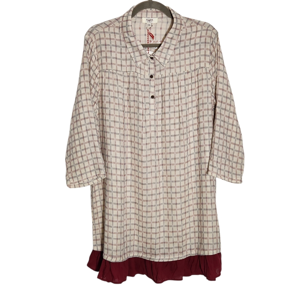 Hayden Los Angeles Beige Plaid Tunic with Ruffle Hem Size Large NWT